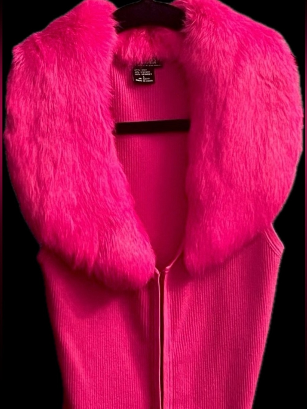 Fuchsia Pink fur faux fox stretch tight sweater tank crop top ribbed vintage Y2K